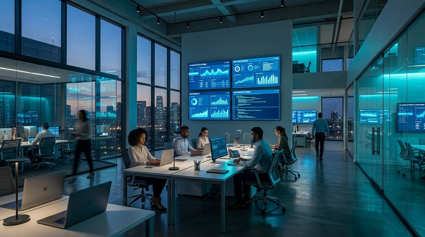 Modern tech office with AI dashboards